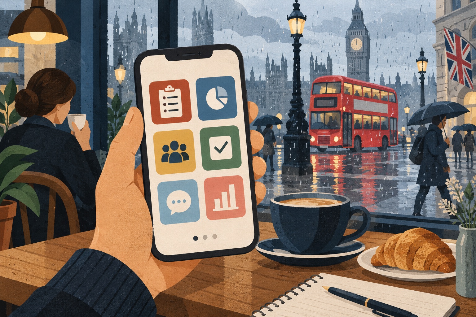 Cut-paper illustration of survey apps being compared in a rainy London café