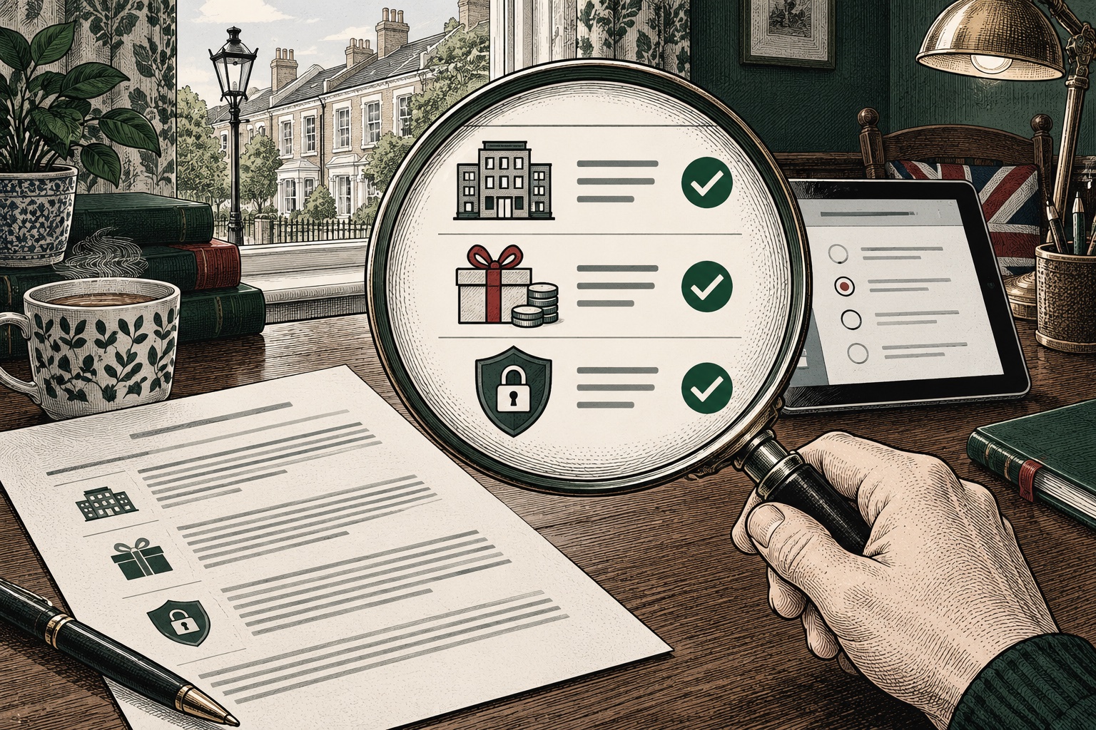 Illustration of a magnifying glass and evidence checklist for assessing a survey panel