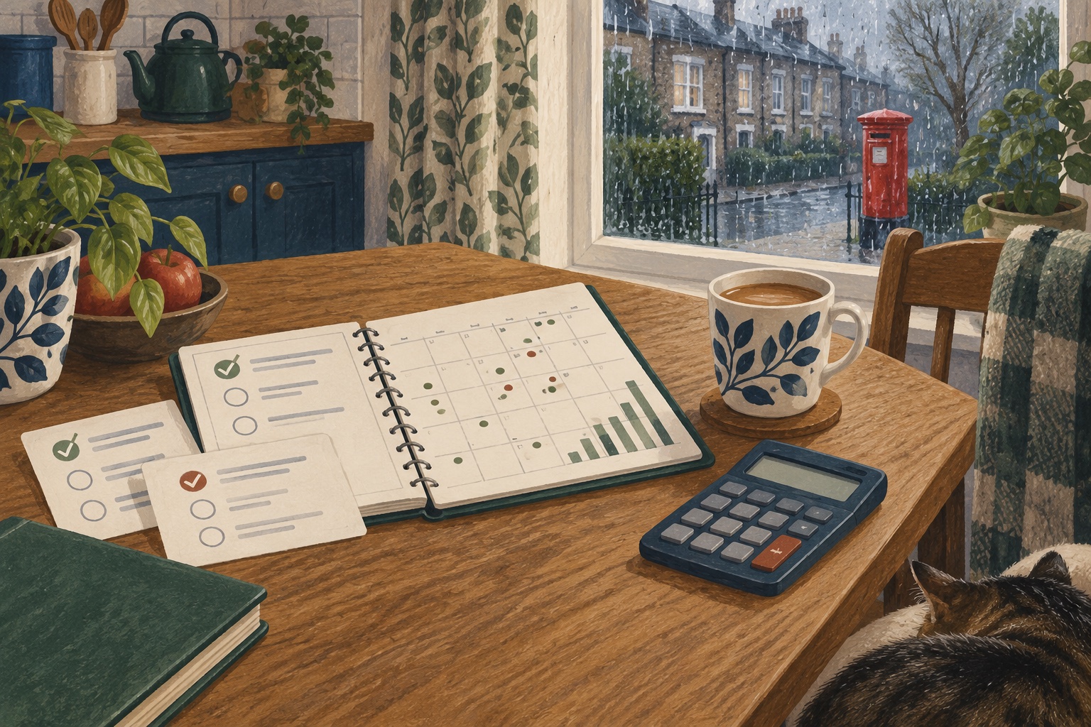 Gouache illustration of a monthly planner and calculator at a British home desk