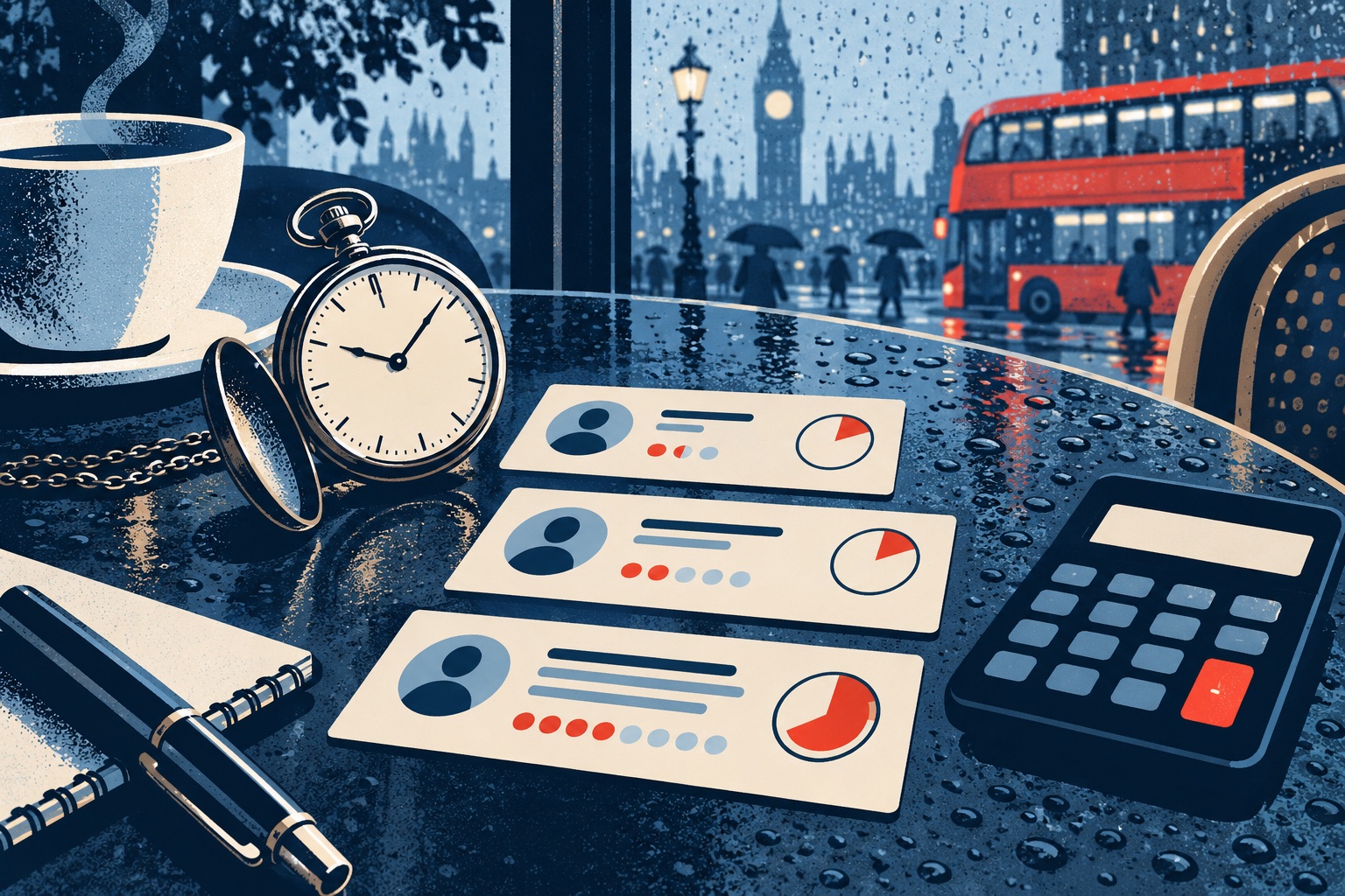 Screen-print illustration of a clock, survey task cards and a calculator