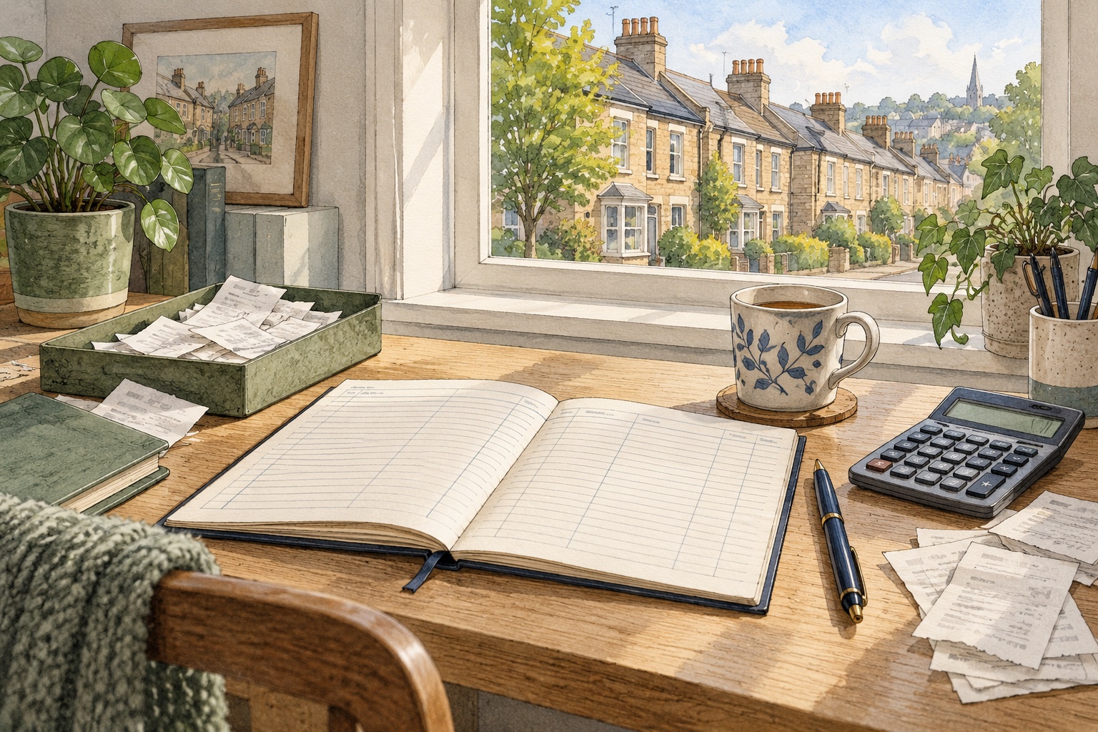 Watercolour illustration of a household ledger, receipts and calculator in a British home
