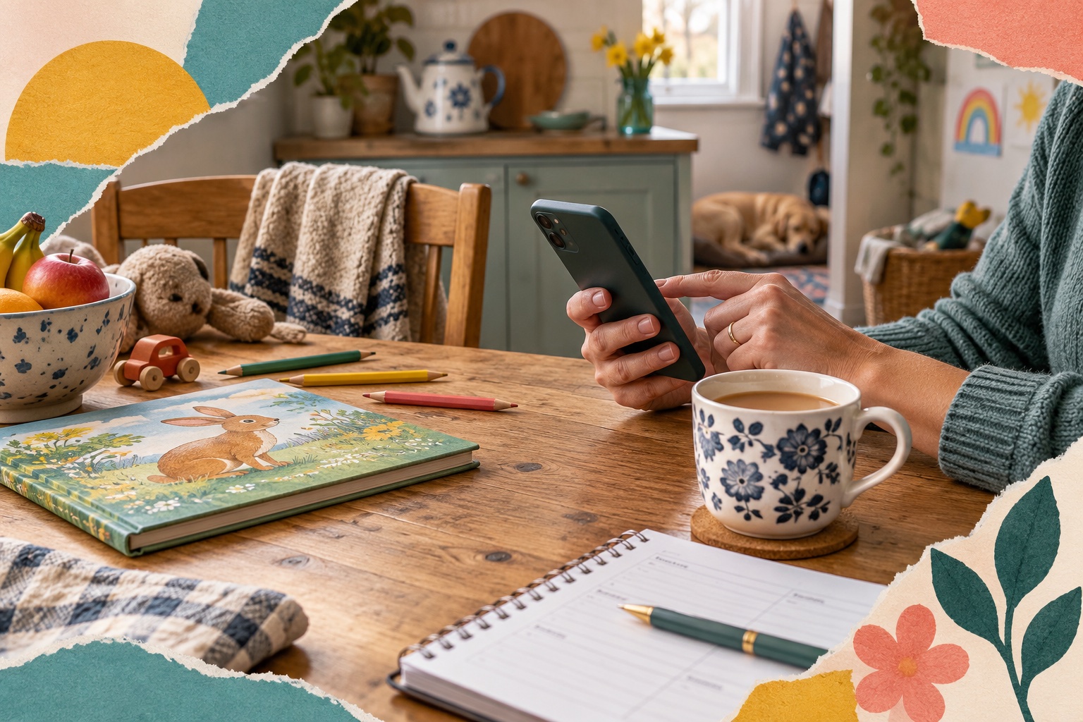 Cut-paper illustration of a caregiver fitting a phone task around a family routine