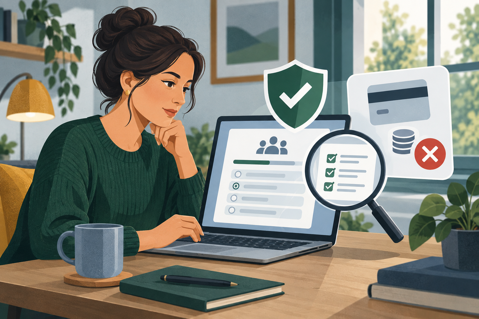 Reader checking a survey website and rejecting a suspicious payment request